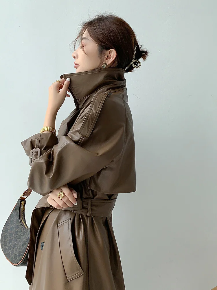 

Women Long PU Leather Trench Coat Black Brown Sashes Loose Faux Leather Coats Jacket Fashion Clothing Good Quality