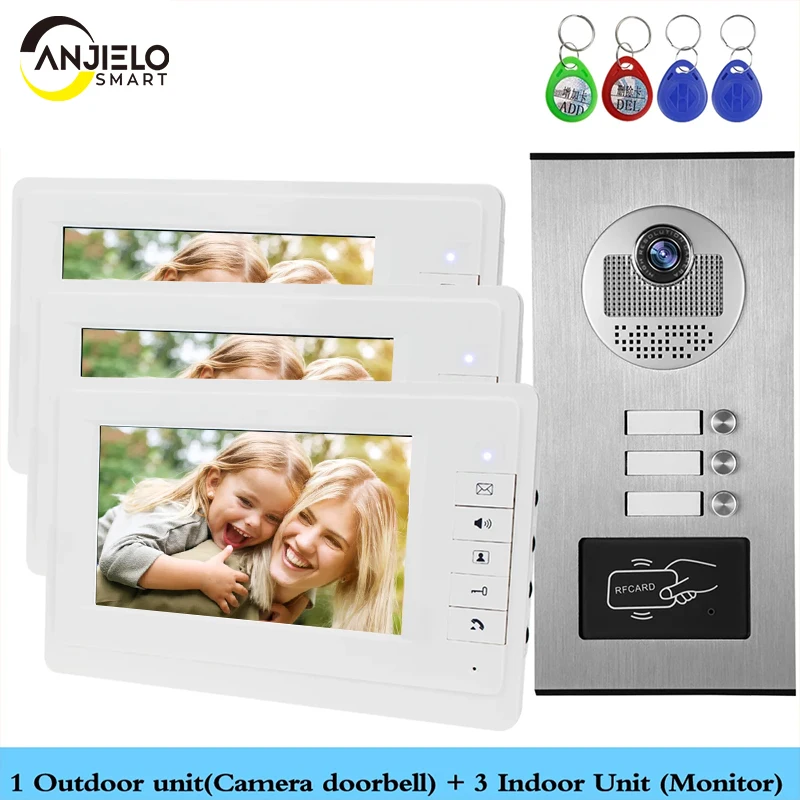 

Wired Home 7 inch TFT Color Video Intercom Door Phone System RFID Camera Metal 700TVL with 2/3/4 Monitor for Multi Apartments