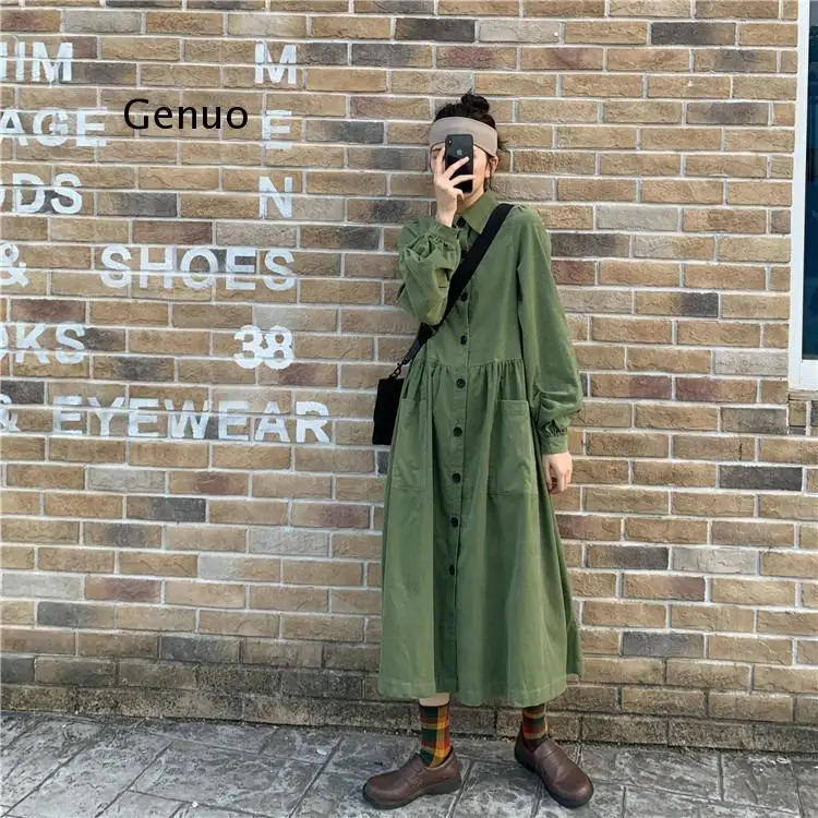 

Spring Autumn Women's Turn Down Collar Maxi Dress Female Solid Long Sleeves Vestidos Casual Button Robe Femme Oversized