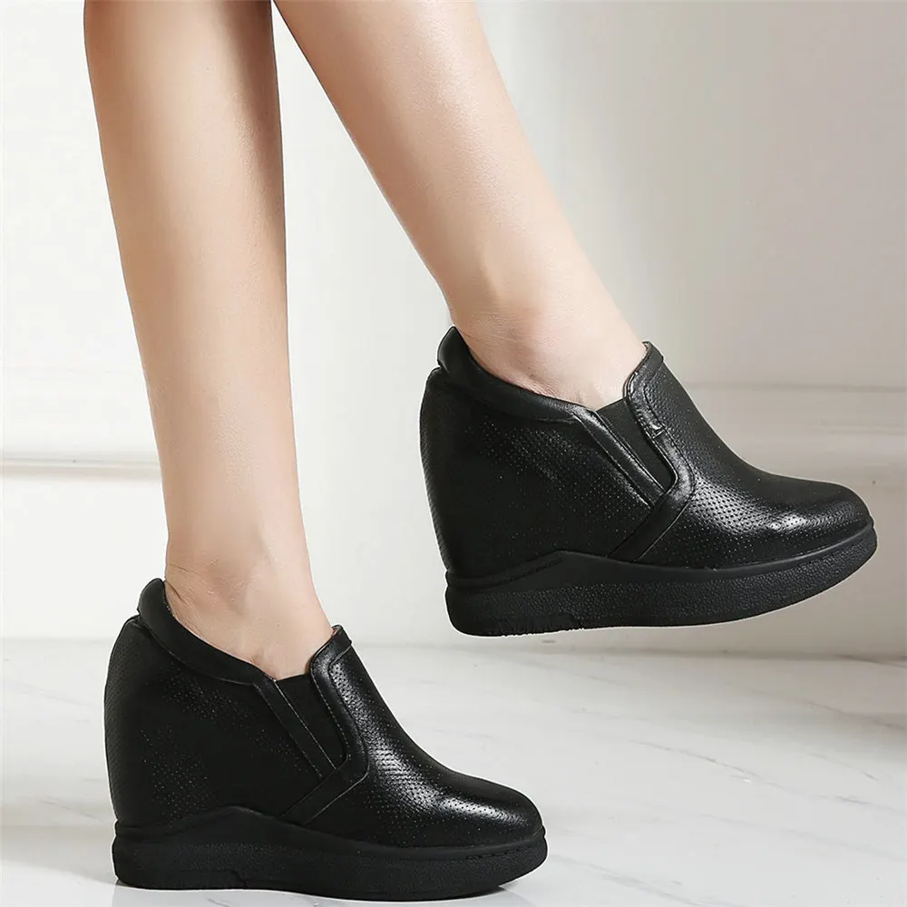 

Platform Pumps Shoes Women Breathable Genuine Leather Wedges High Heel Ankle Boots Female Low Top Round Toe Fashion Sneakers