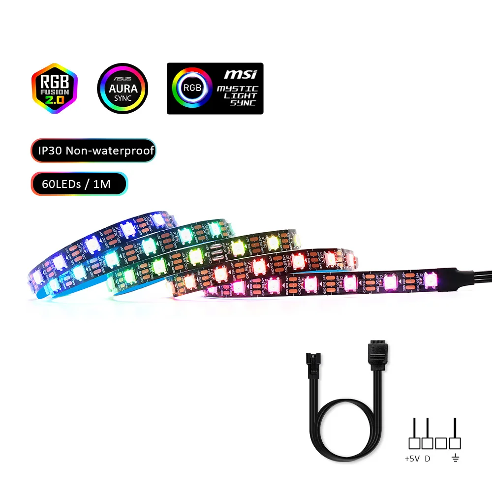 1x1M 60leds IP30 Светодиодные ленты светильник RGB 5V прибор приемно-ws2812b полосы для ПК чехол материнская плата 3 контактный разъем для ASUS Aura SYNC, MSI Mystic светильник синхронизации - Испускаемый цвет: 1x1M 60leds IP30