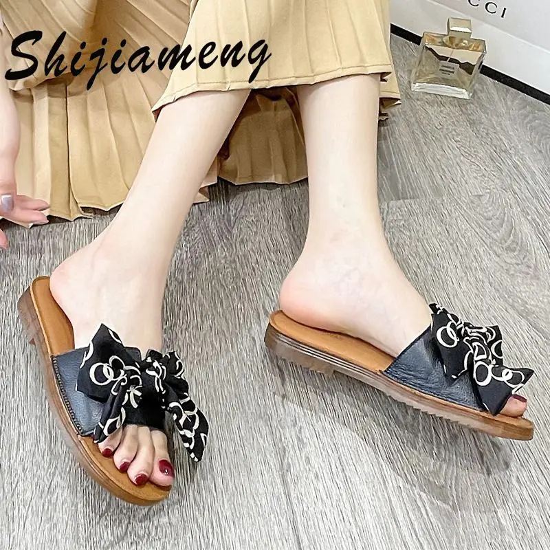 

Leather fashion bow women's sandals 2021 summer new leather casual women's shoes flat slippers