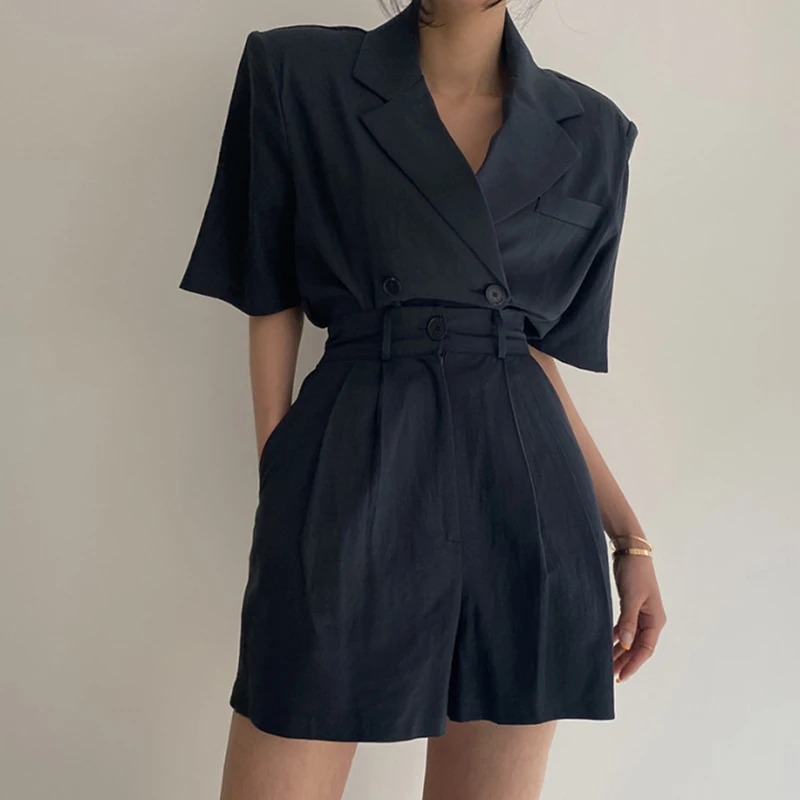 

Summer 2 Piece Suit Korean Chic Loose Lace Up Short Sleeve Blazer Coat High Waist Wide Leg Shorts Matching Set Outfits Women