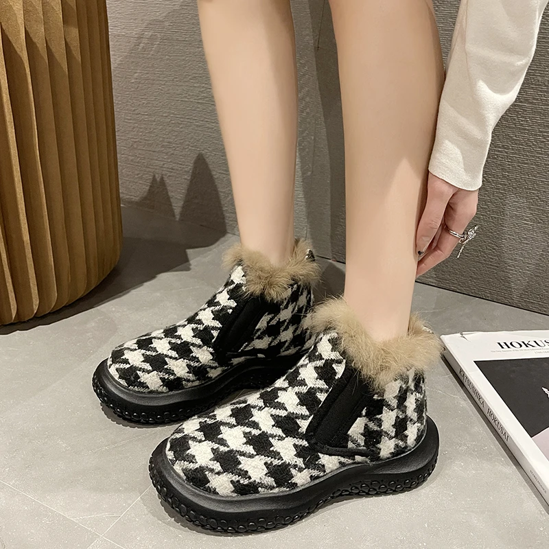 

Women's Winter Thick-soled Snow Boots 2022 Fashion Plush Women's Casual Sports Shoes Plaid Fabric Warm Women's Short Boots 35-40