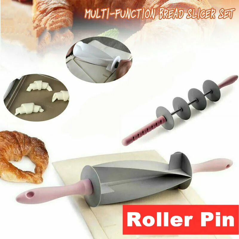 

Adjustable Blade Roller Pin Croissant Cutter Multi-Function Bread Slicer Set Stainless Steel Croissant Dough Cutter Knife Roller