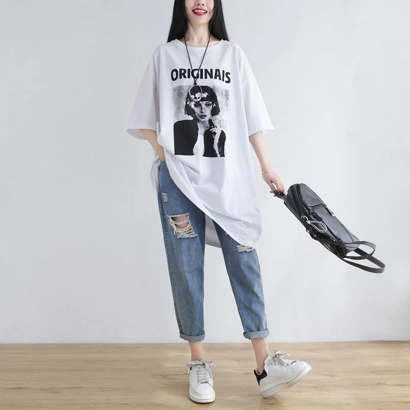 

White T-shirt Thin Soft T Shirts And Tees For Women Letter Printing O Neck Short Sleeve Top Medium Length Oversize Neutral