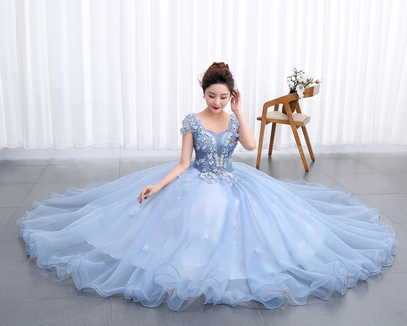 Светло Голубое Бальное бальное платье пышные платья с аппликацией цветов длиной