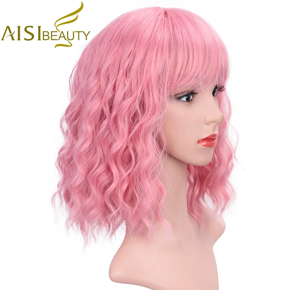 AISI BEAUTY, короткий парик с челкой, волна воды, синтетические парики для женщин, розовый, милый, Лолита, косплей, женский, на каждый день, накладные волосы