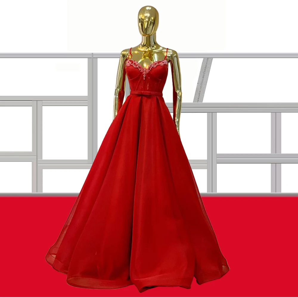 

Красные платья на тонких бретельках для выпускного вечера, вышитые бисером вечерние платья-трапеции для выпускного вечера