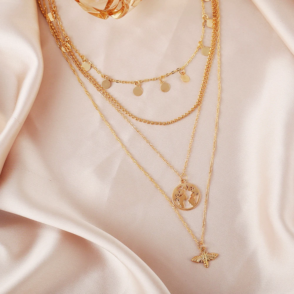 

Map bee pendant multilayer necklace chain chains jewelry collier pendant collier femme bisuteria ketting kolye bijoux masculino