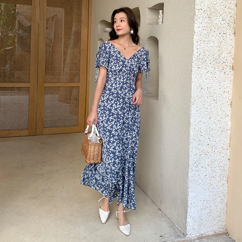

Floral Blue Maxi Women Chiffon Dress Summer 2020 Elegant Runway Party Dress Boho Tropical Vacation Beach Dress Korean Japanese