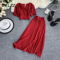 new women two piece set 2019 sexy summer outfits woman clothes fashion v neck crop top slim a line long skirts suits 2 pc sets