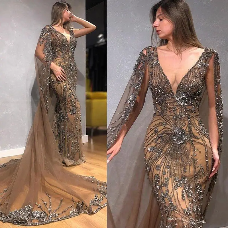 

Vintage Arabic Mermaid Evening Dresses 2021 abiti da cerimonia Sparkly Beaded Crystal Prom Dress Sexy V Neck Formal Party Gowns