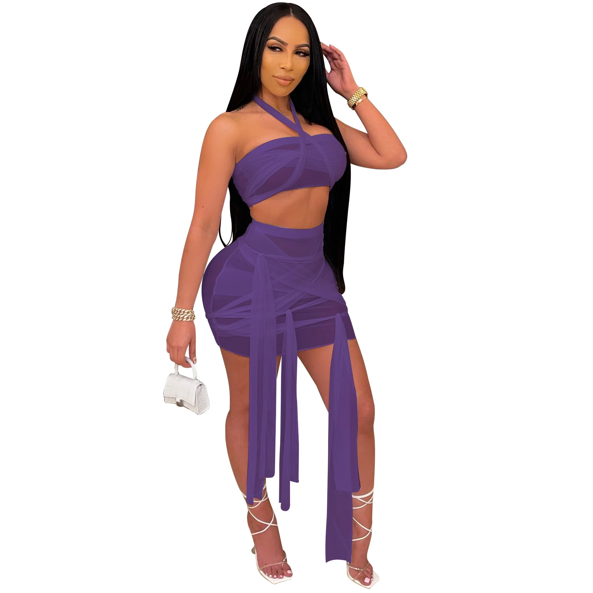 

APSUAELGB.-2021 summer European and American new gauze perspective strap two-piece sexy nightclub suit skirt girl