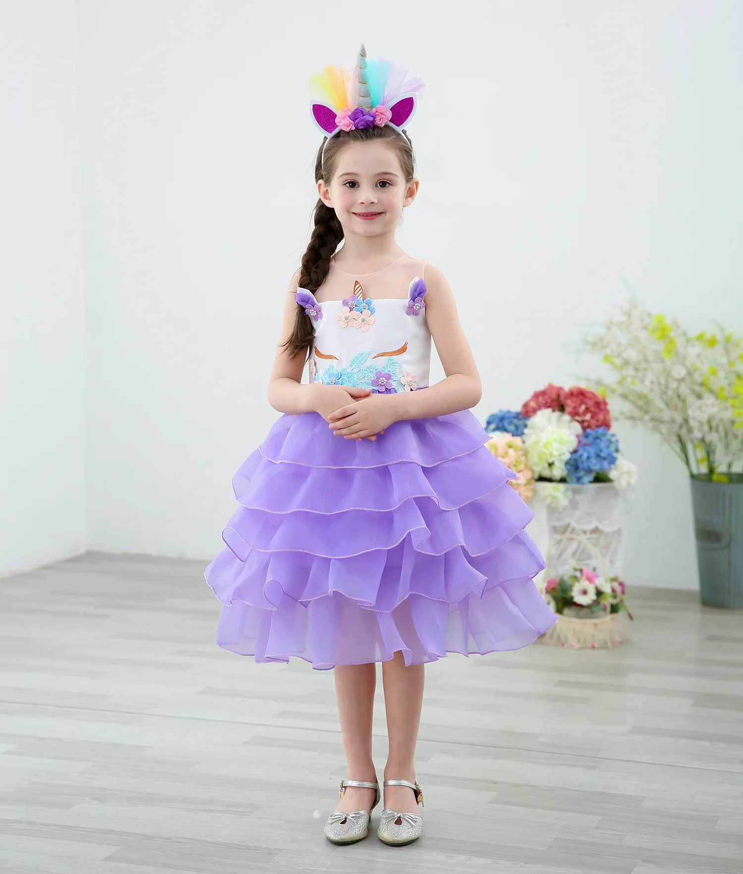 dress with horn Детская праздничная одежда с цветочным рисунком для костюмированной вечеринки; Радужное платье-пачка с единорогом; Детский новогодний костюм для девочек; праздничная одежда - Цвет: dress with horn