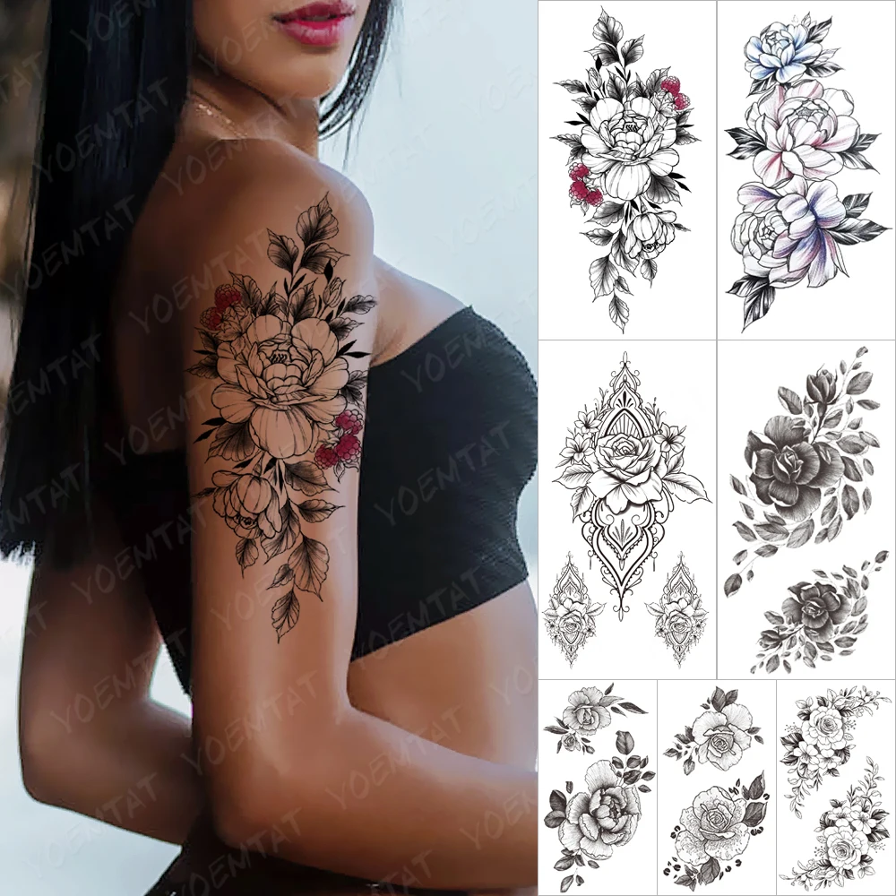 

Waterproof Temporary Sleeve tatooo Stickers Peony Flower Bird Animal Line Sketch Transfer tattoos Body Art Fake tatoo Man Women