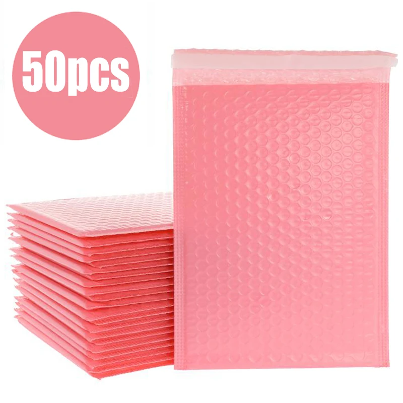 Bolsas de espuma de color rosa, sobres de envío acolchados con autosellado, con bolsa de burbujas, paquetes de regalo, 50 unids/lote