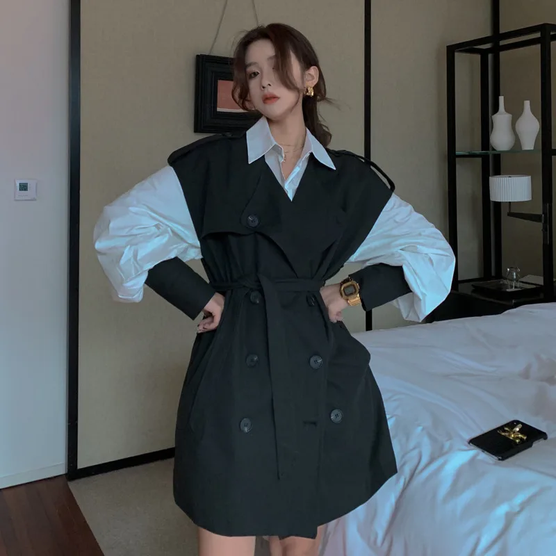 

[EWQ]Long-sleeved Shirt Casual Double-breasted Trench Coat 2021 Summer Loose Ladies Clothing Windbreaker Chic Ladies 2-piece Set