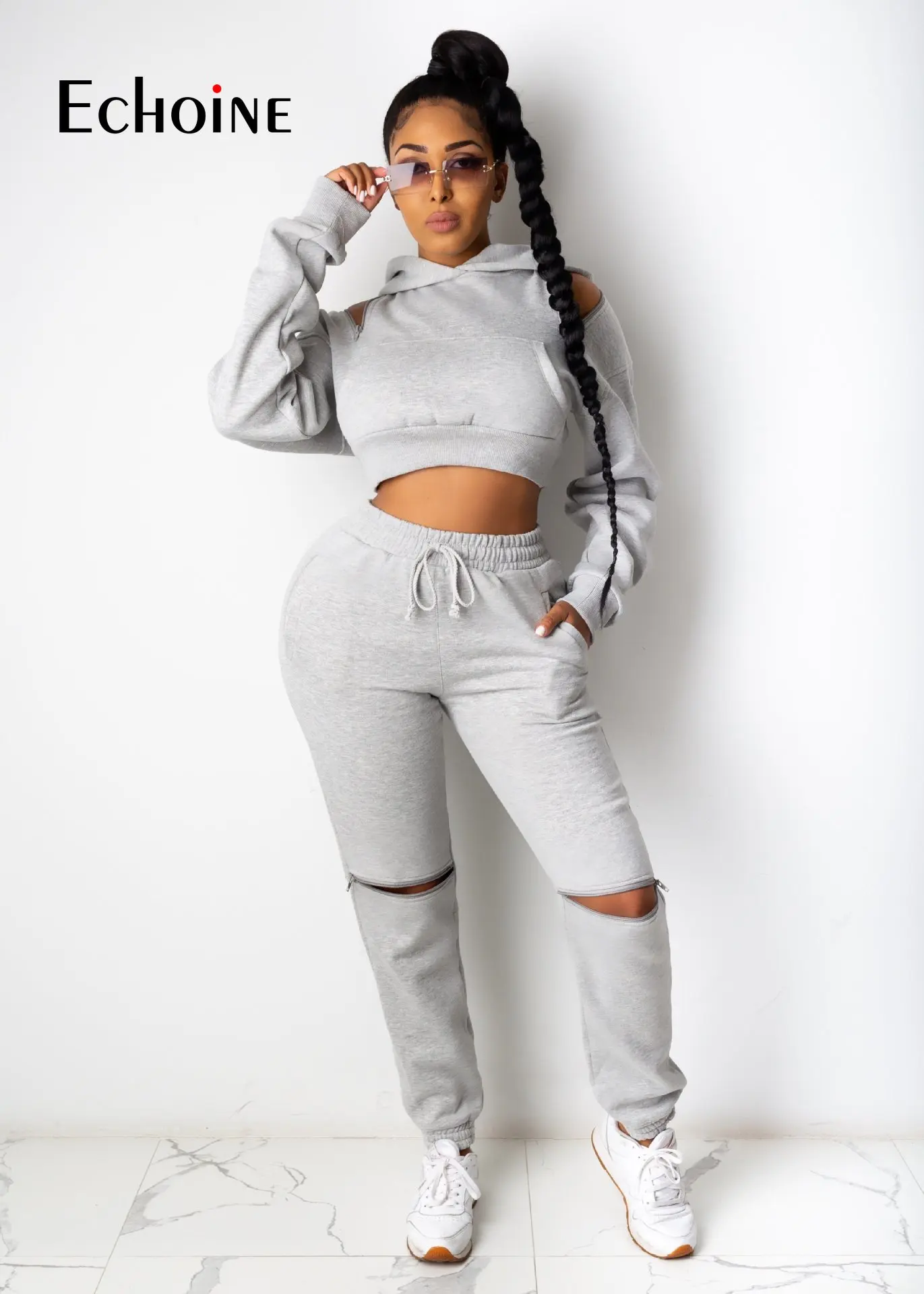 

Echoine Women Solid Sweatsuit Set Hooded Crop Top Zipper Jogger Sporty Pants Set Active Tracksuit Two Piece Set Outfit Matching