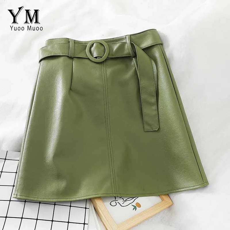Зеленый YuooMuoo Ins Мода элегантная юбка из искусственной кожи высокого пояса Женская Осенняя короткая юбка пуш-ап Корейская зеленая мини-юбка - Цвет: Зеленый