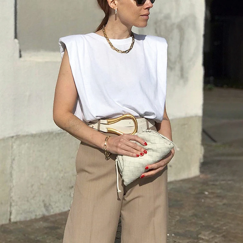 

iMucci Shoulder Pad Women Tops Sleeveless O-Neck Solid Color Streetwear Fashion Shirts Summer 2021 New Female Casual Clothing