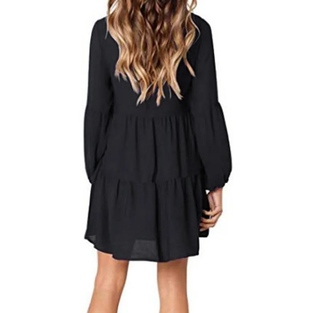 Casual sexy dress Spring Summer 2019 New fashion Women Solid Lantern Long Sleeve party V-Neck Draped Knee-Length Dress | Женская одежда