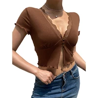 women%e2%80%99s casual short sleeve cardigan fashion solid color lace trim v neck single breasted t shirt