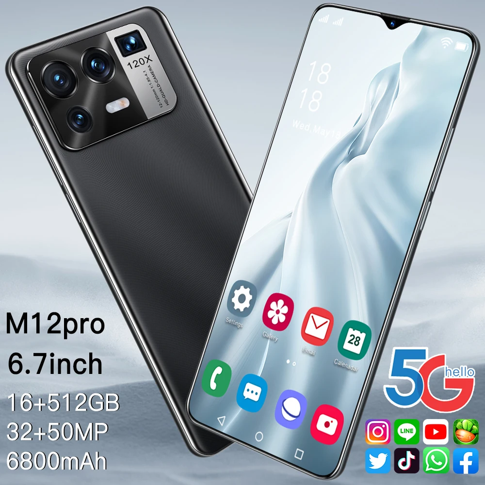 

M12pro 6.7Inch New Global Version Android 11.0 Smartphone 16GB+512GB Full Screen 6800mAh Smartphone Unlocked Android Phone