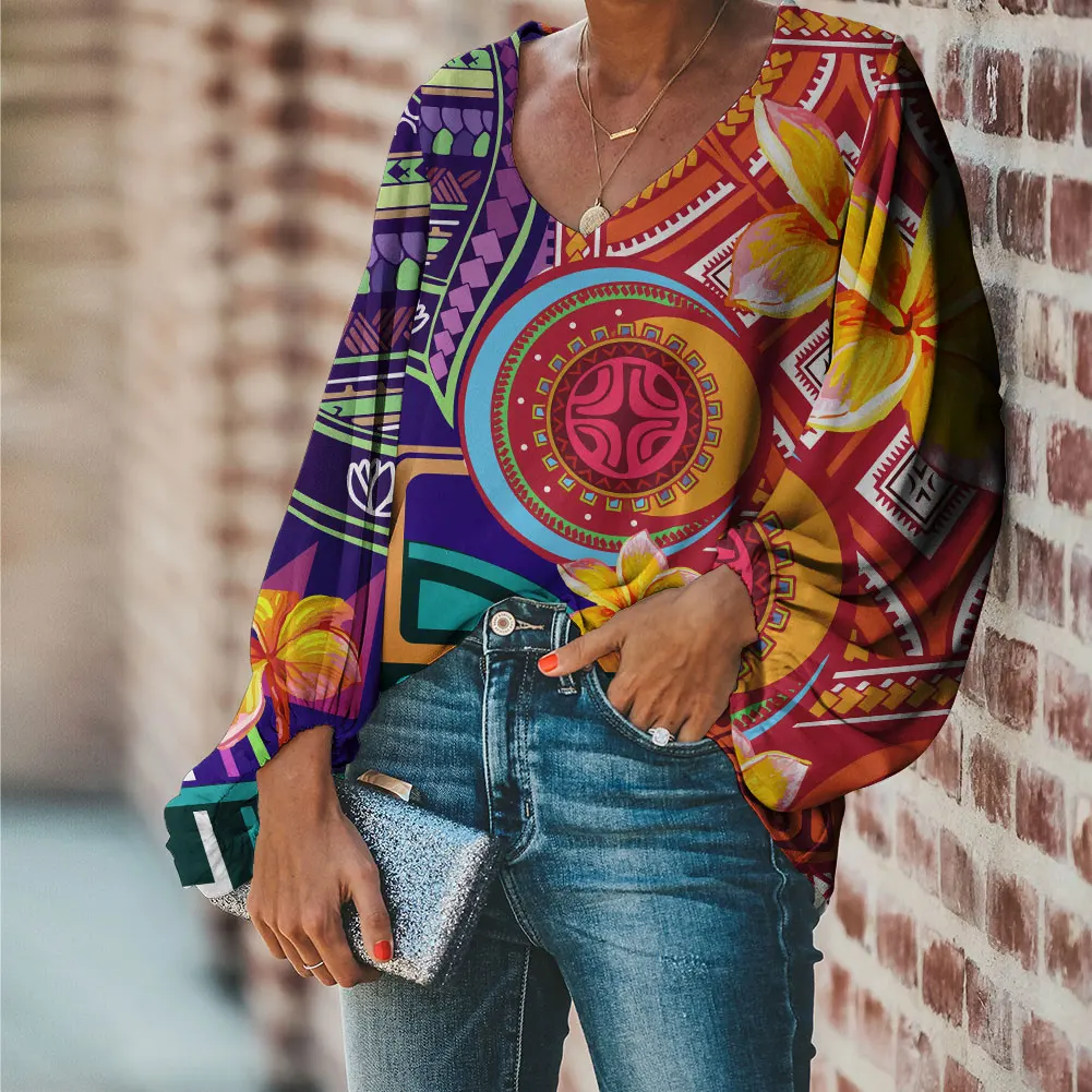

Chiffon Blouse Women Fashion Long Sleeve Shirts Hibisucs with Samoan Tribal Pattern V-Neck Tunic Blusa Feminina Plus Size Tops