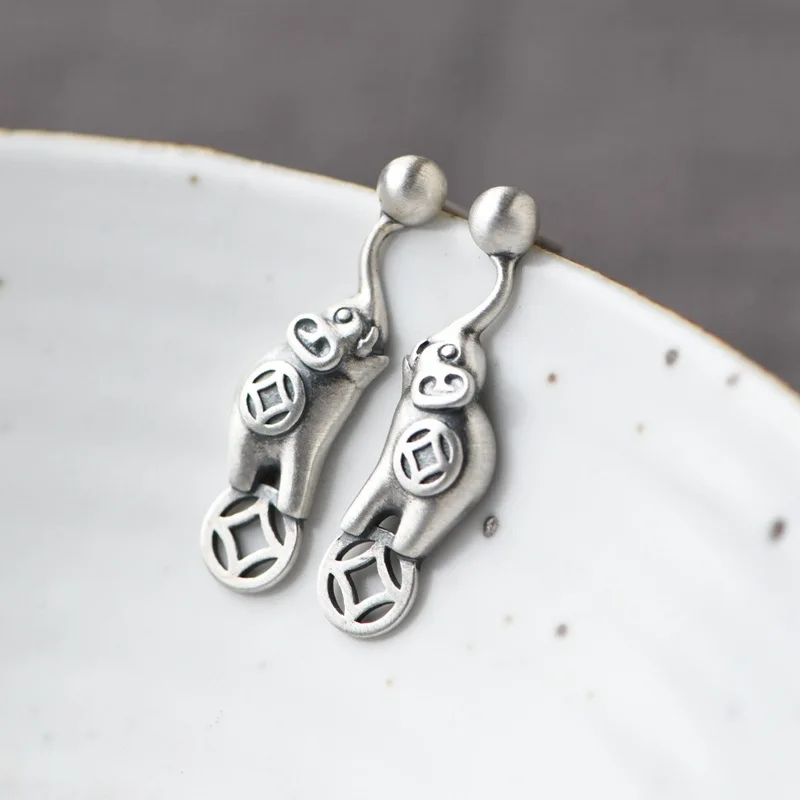 

FNJ Lucky Animal Elephant Earrings 925 Silver Original Pure S925 Sterling Silver Stud Earring Women Jewelry matte
