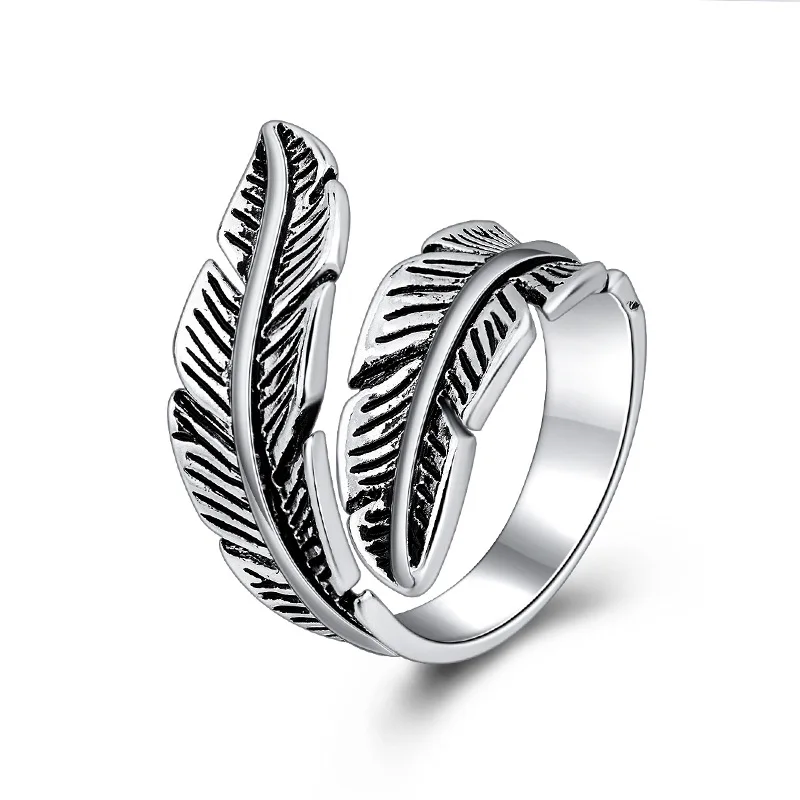 

Punk Vintage Style 925 Sterling Silver Feather Finger Rings For Women Antique Ring Christmas Gifts Jewelry 2021