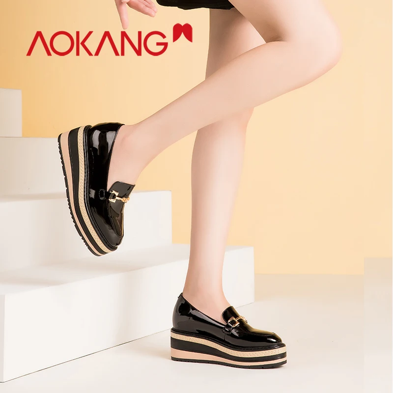 AOKANG/обувь; женские туфли-лодочки; лоферы на платформе; повседневная женская обувь на танкетке; Feminino Zapatillas; женские лоферы без застежки на высоком каблуке