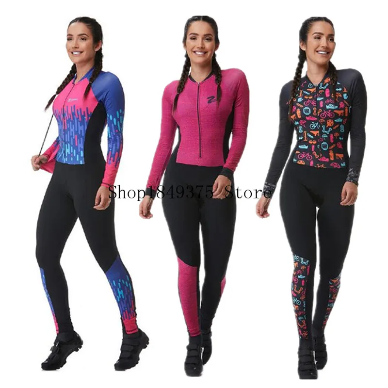 

2020 Women's Pro Team Triathlon Suit Mtb Cycling Jersey Skinsuit Jumpsuit Long Maillot Bicycling Ropa Ciclismo Sets Pink Gel Pad