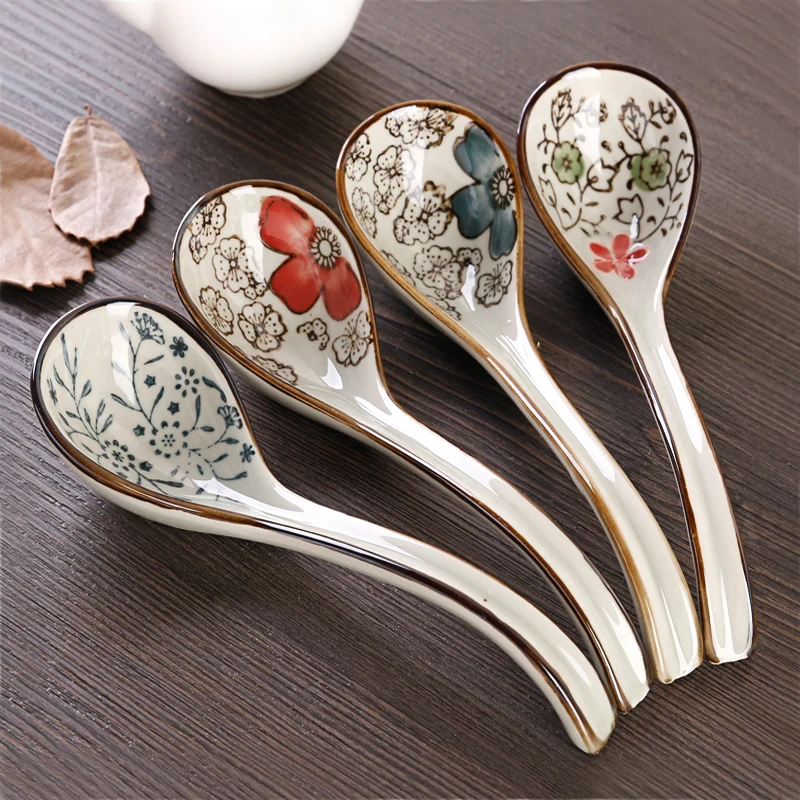 Набор посуды из костяного фарфора японская ложка с керамические длинные ручкой