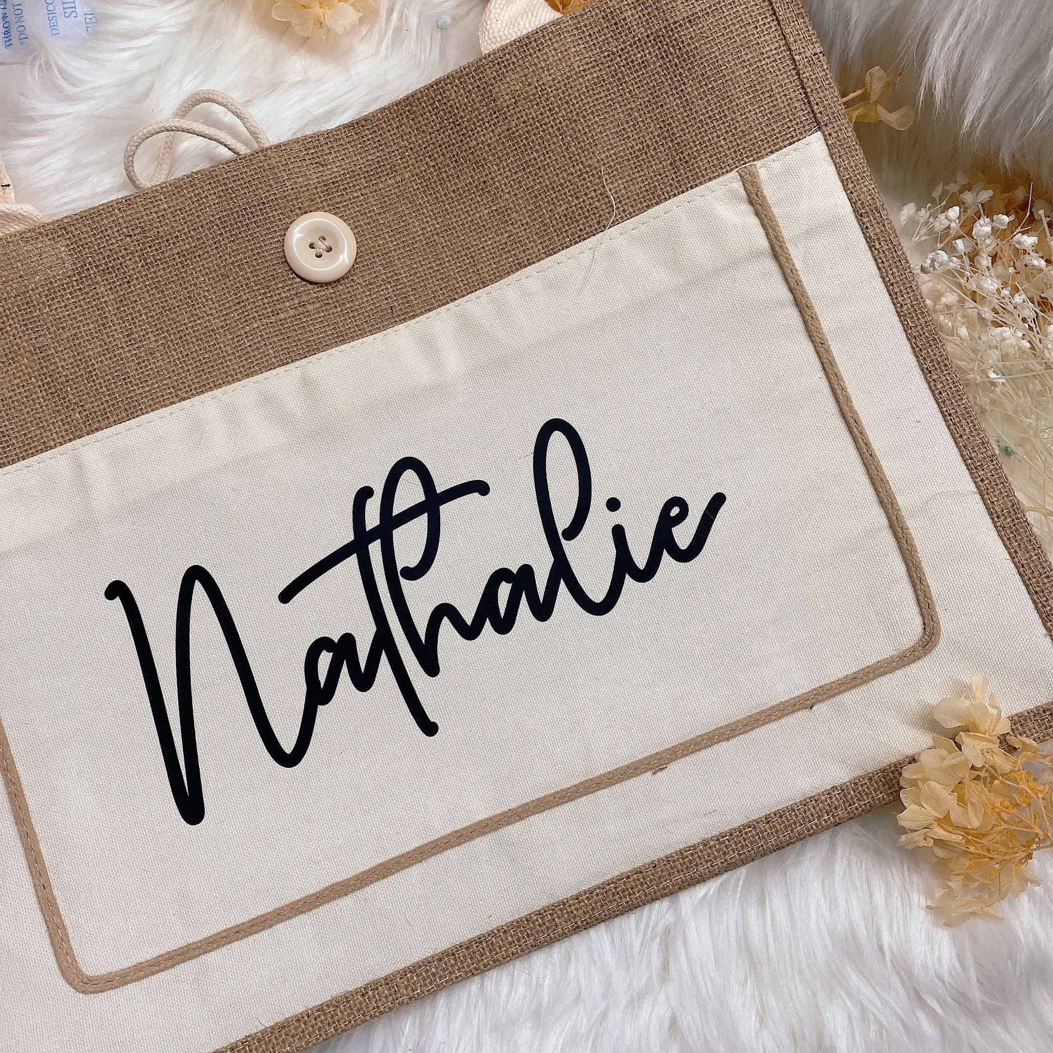 Bolso de yute personalizado, bolsa de arpillera de compras port&aacute;til informal de alta calidad, regalos de boda para invitados, dama de honor, regalo de Navidad-3
