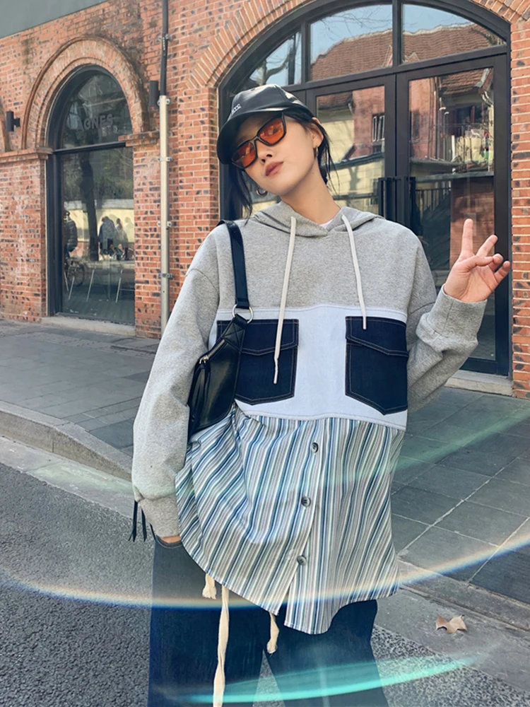 

IEQJ Loose Contrast Color Striped Stitching Gray Sweater All-match Casual Sweatshirt New Women Fashion Spring Autumn 2021 3F1796