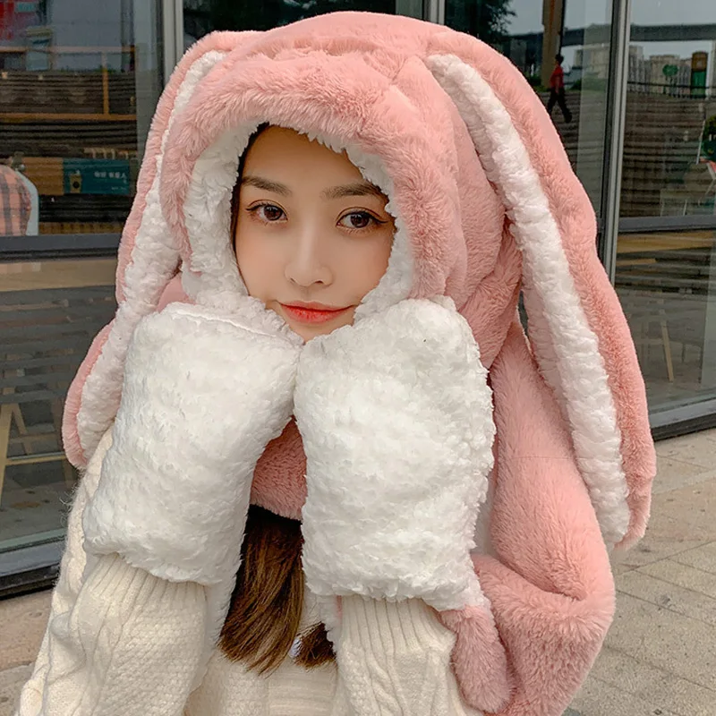 

Rabbit ear hat bib ear protection ladies all-match winter cute scarf plus velvet thick warm gloves three-piece set
