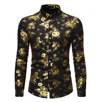 mens fashion shiny gold floral printed button down dress shirts camisa masculina 2021 brand black slim fit long sleeve shirt men