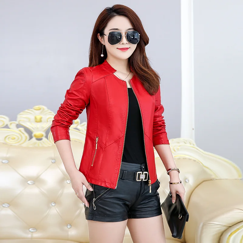 

Bright Pu Women Fashion Colors Black Motorcycle Coat Short Faux Leather Zipper Soft Jacket Female