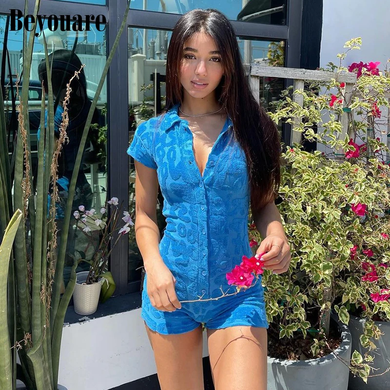 

Beyouare Casual Sport Homewear Letter Print Playsuit Women's Button Turndown Collar Skinny Shorts Stretchy Bodysuit 2021 Summer