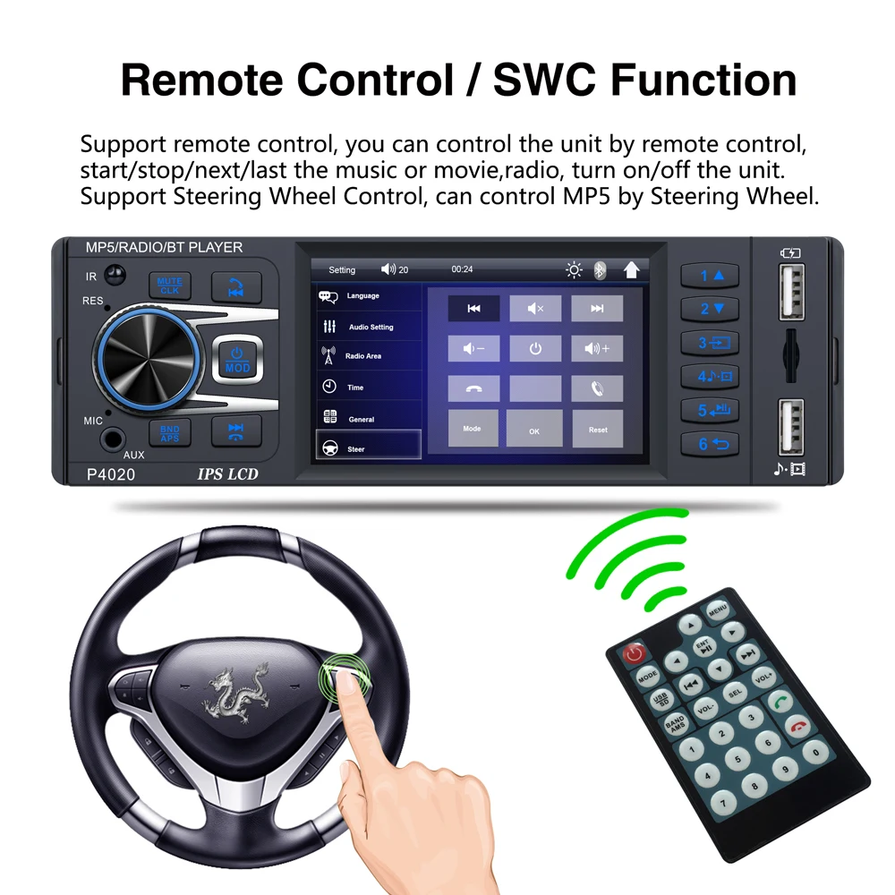 

REAKOSOUND 1 Din 3.8'' Universal Car MP5 Player Bluetooth FM Audio Stereo Radio Steering Wheel Control Auto Multimedias Player