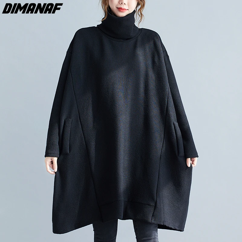 

Женский трикотажный свитер DIMANAF, Свободный пуловер с высоким воротником, повседневный черный свитер большого размера для осени и зимы