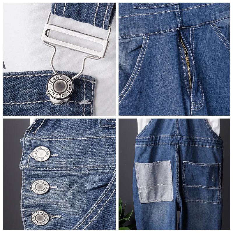 Fahsion Man Jeans Bib Overalls Multi-Pocket Splice Style Streetwear Hip Hop Denim Jumpsuits Trousers Blue Leisure Freight Pants