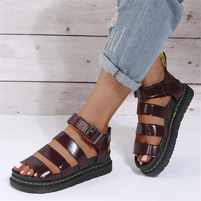 

2021 PU Leather Summer shoes woman Flat Platform Sandals Women Soft Leather Casual Open Toe Gladiator wedges Women Shoes
