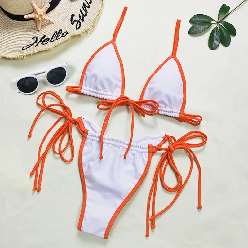 Синий комплект бикини с боковыми завязками и кисточками стринги в стиле ретро