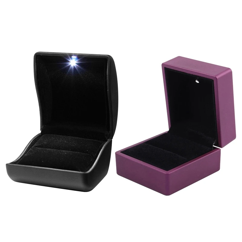 

2Pcs Led Lighted Ring Gift Box Wedding Engagement Ring Gift Box - Purple & Black
