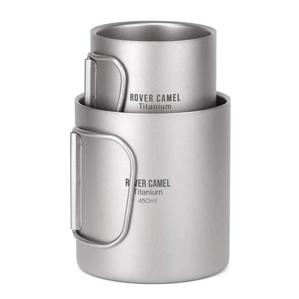 

Titanium Double Wall Cup Water Coffee Tea Cup Camping Water Mug with Foldable Handle for Camping Hiking Picnic Cookware