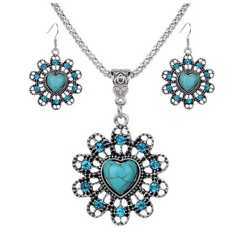 Модный винтажный этнический стиль ажурный цветок сердце камень кулон ожерелье