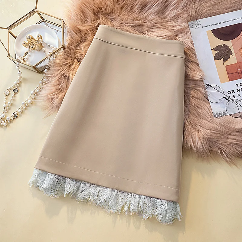 Eleganr Korean Y2K Pu Leather Retro Slim Fit High Waist Skirt for Women Short Autumn Winter Lace Patchwork Skirts Plus Size 4XL | Женская