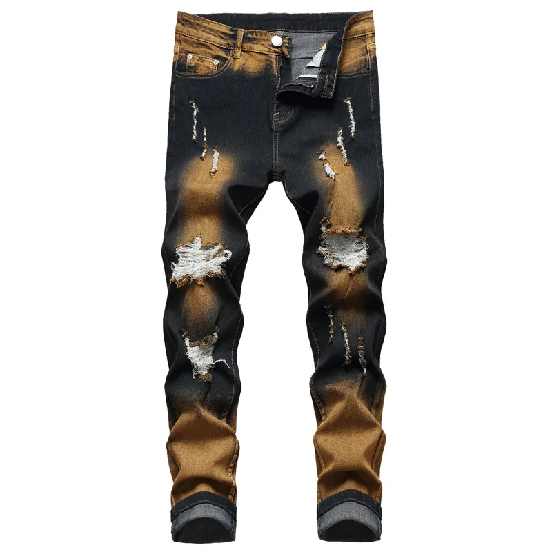 

2021 Men's Ripped Stretch Skinny Jeans Two-Tone Fashion Casual Jeans